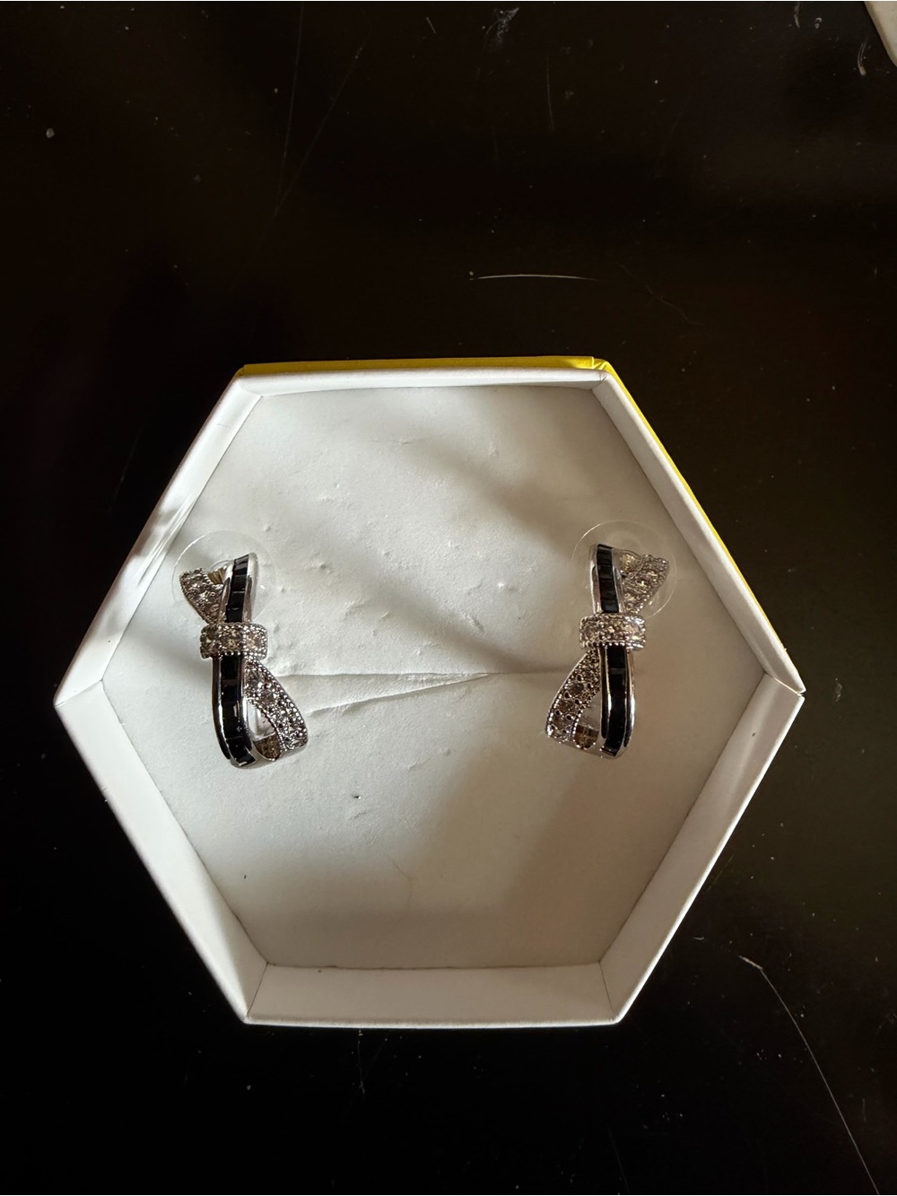 Black Onyx and Cz on Rhodium Bow Hoops